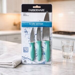 Farberware Professional 3-Piece Knife Set featuring a teal color scheme.